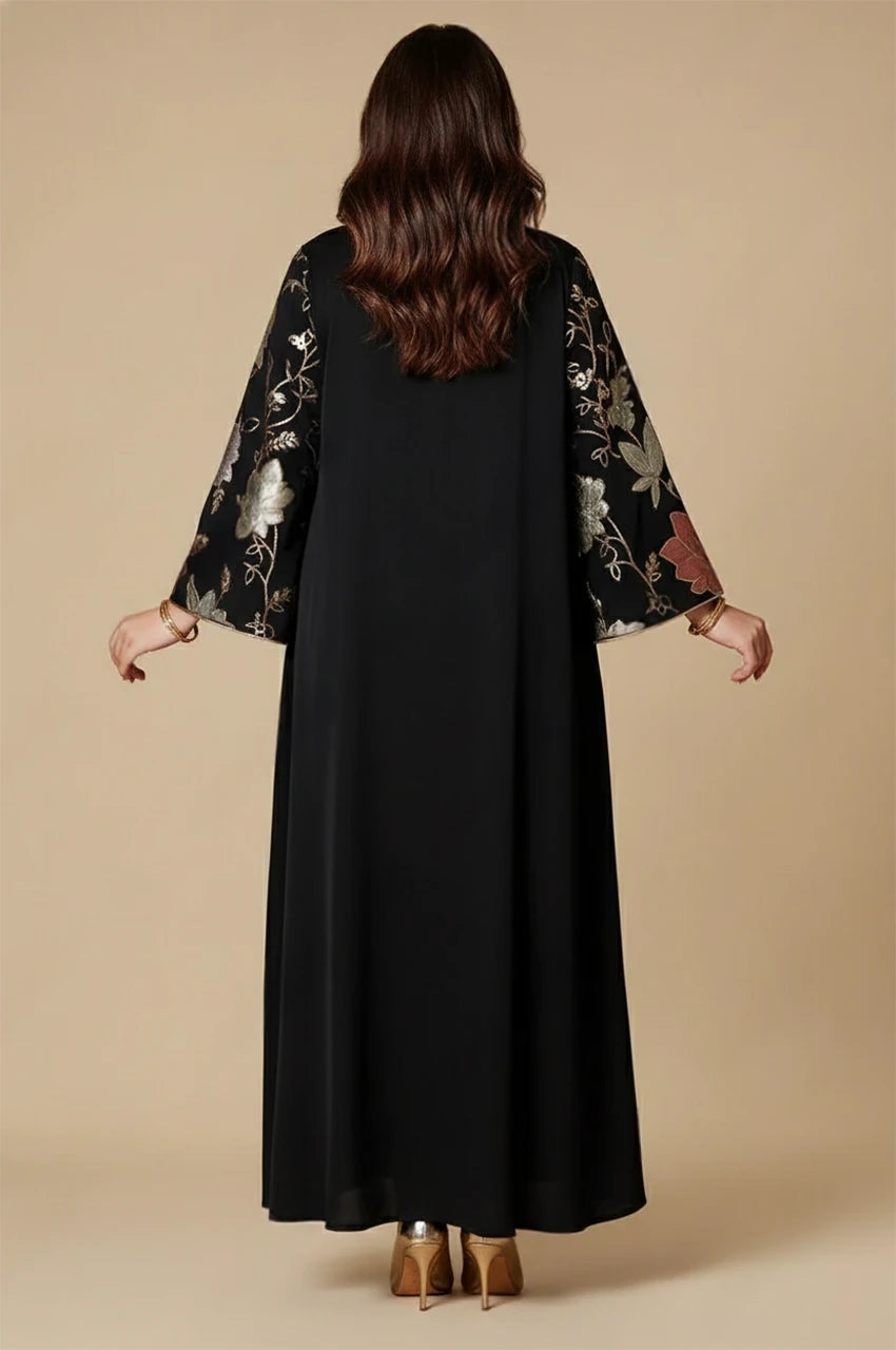 Samira black Pakistan kaftan back view with wide metallic floral sleeves