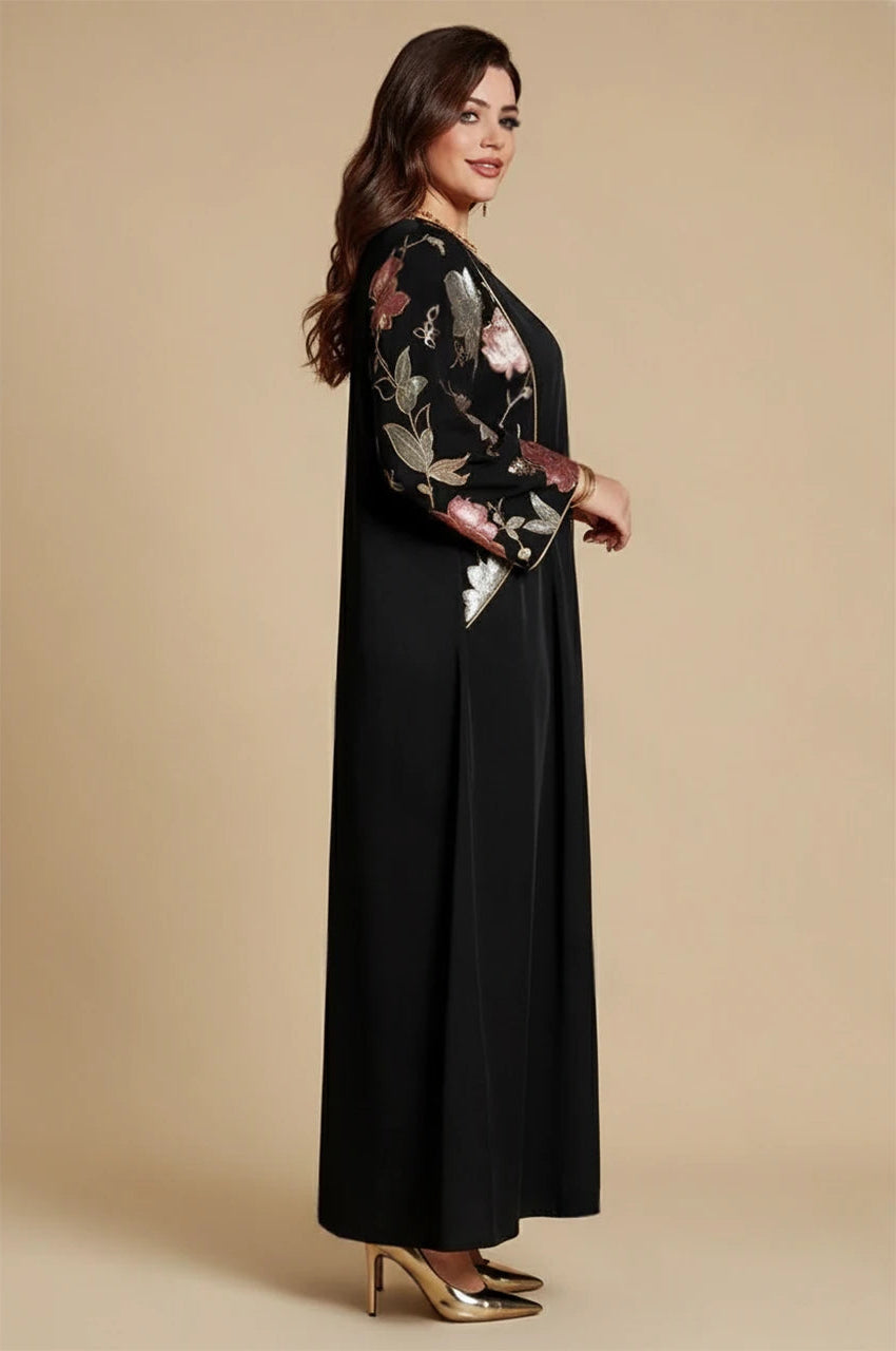 Samira black Pakistan kaftan side view featuring metallic floral embroidered sleeves