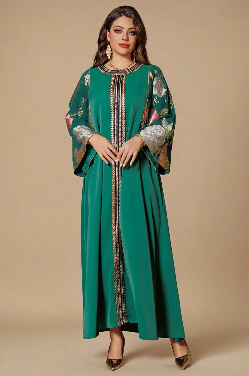 Samira Green Pakistan Kaftan front view with embroidered floral sleeves
