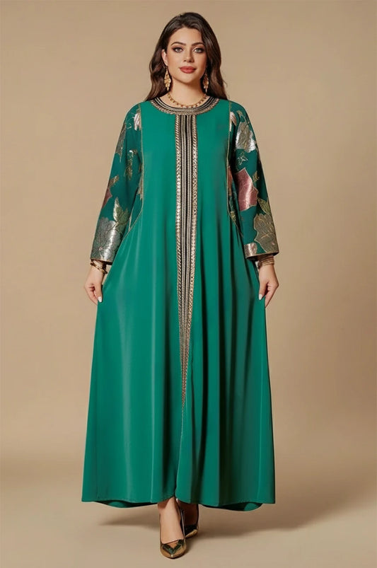 Samira green Pakistani kaftan dress with embroidered gold front panel