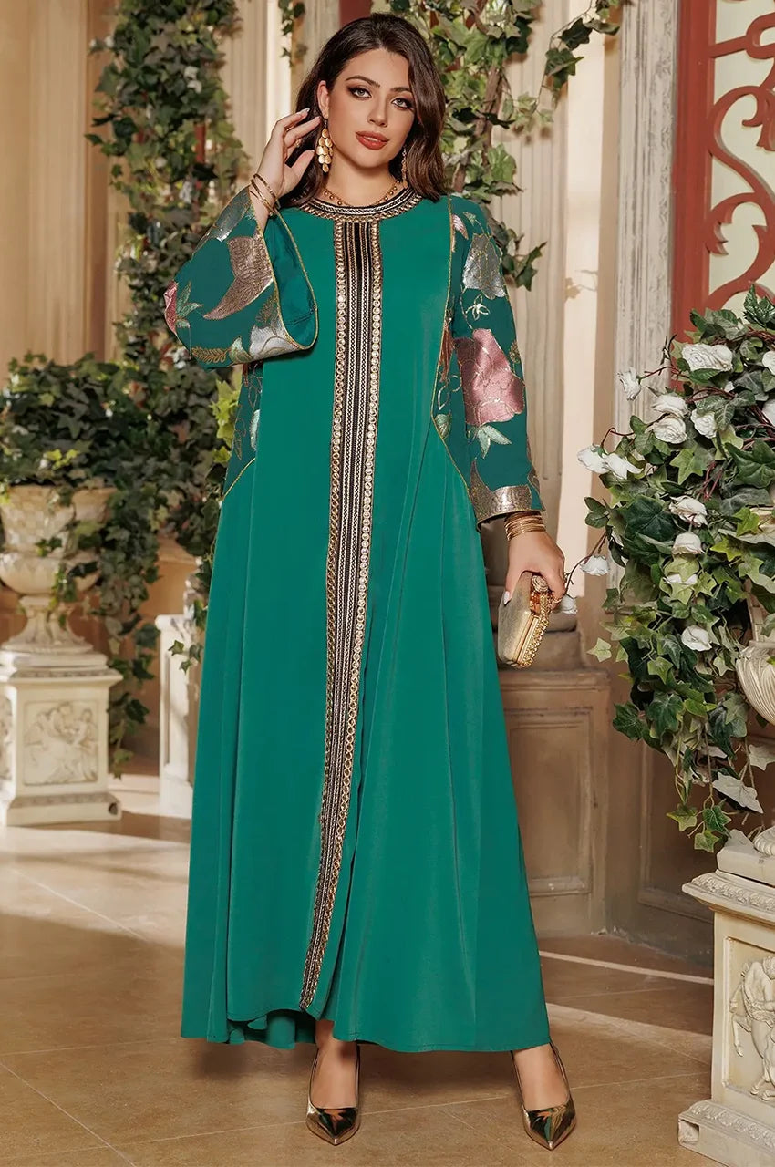 Luxury embroidered trim and metallic detailing on Samira Green Pakistan Kaftan