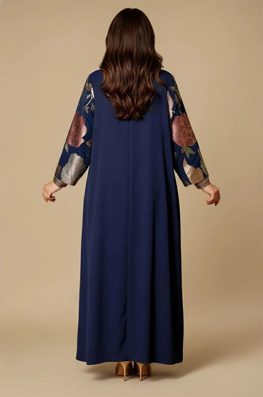 Samira royal blue Pakistan kaftan back view with metallic floral sleeves