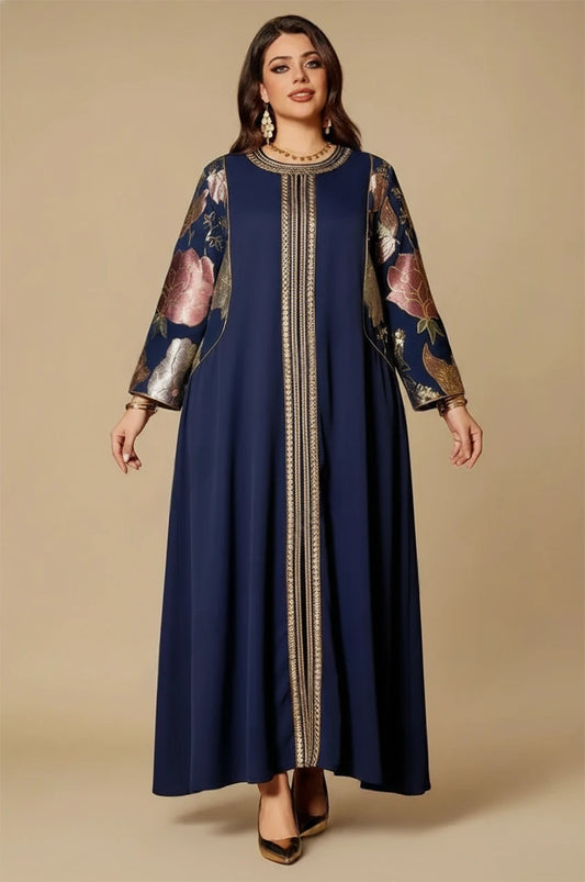 Samira royal blue Pakistan kaftan front view with gold embroidered trim and floral sleeves