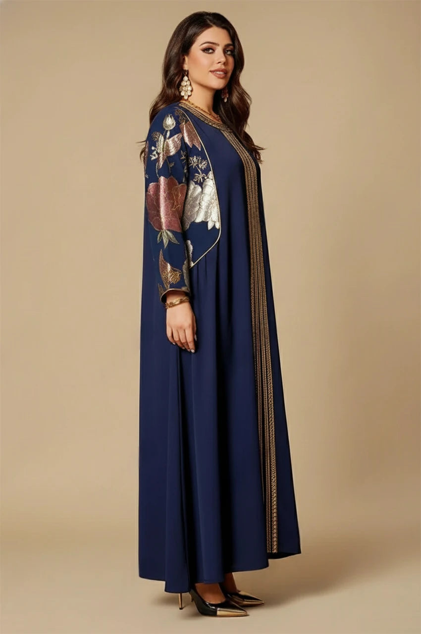 Samira royal blue Pakistan kaftan side profile with embroidered metallic sleeves