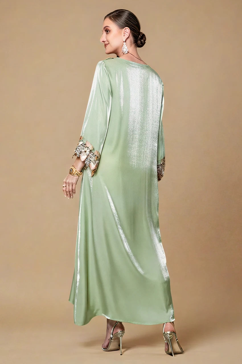 Sarai mint green satin silk kaftan with embellished cuffs and fluid movement – back angle
