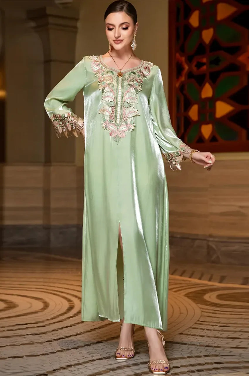 Elegant look of Sarai mint green satin silk kaftan with embroidery