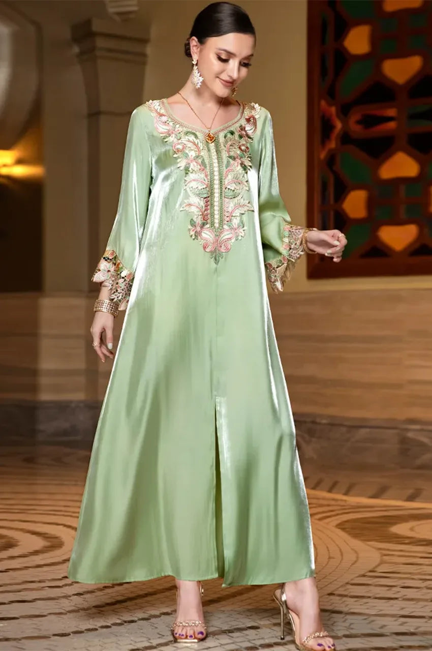 Sarai satin silk mint green kaftan with front slit and pastel embroidery