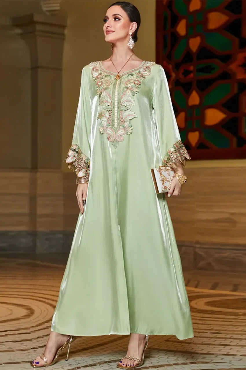 Full-length Sarai satin silk kaftan in mint green with center slit
