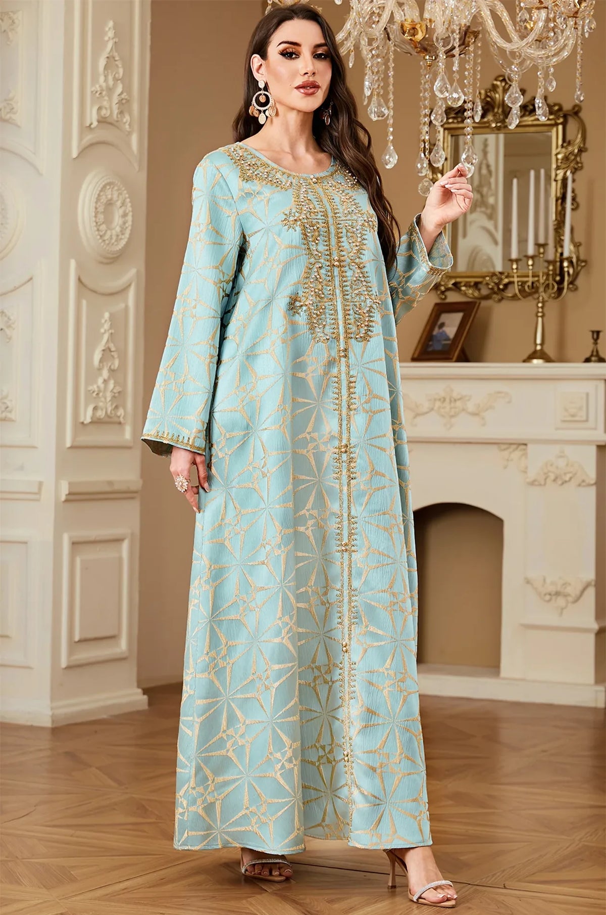 Elegant full-body shot of the Selas Light Green textured kaftan dress featuring gold beaded accents.