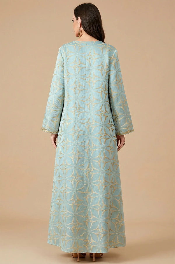 Full back view of the Selas Light Green textured kaftan dress showing the geometric starburst pattern.