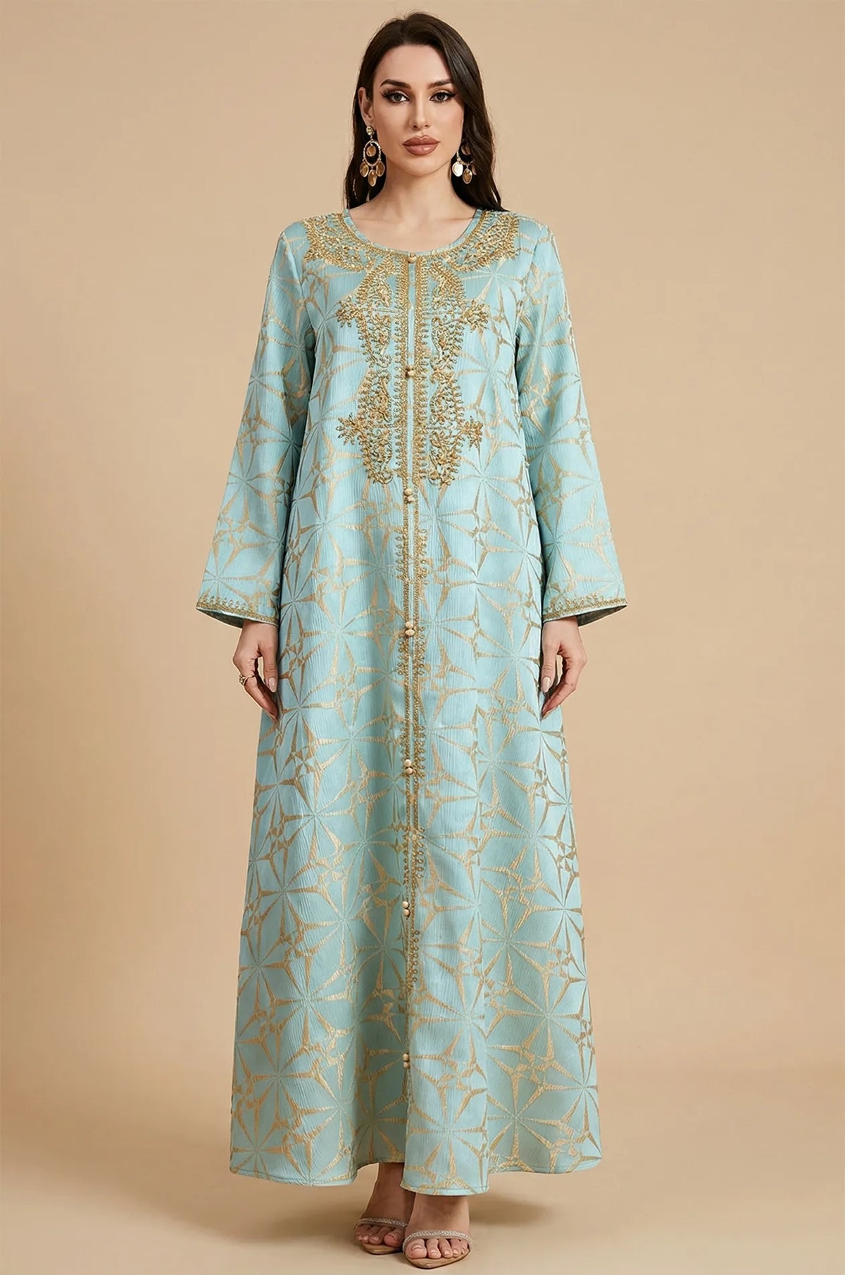 Full front view of the Selas Light Green textured kaftan dress on a neutral studio background.