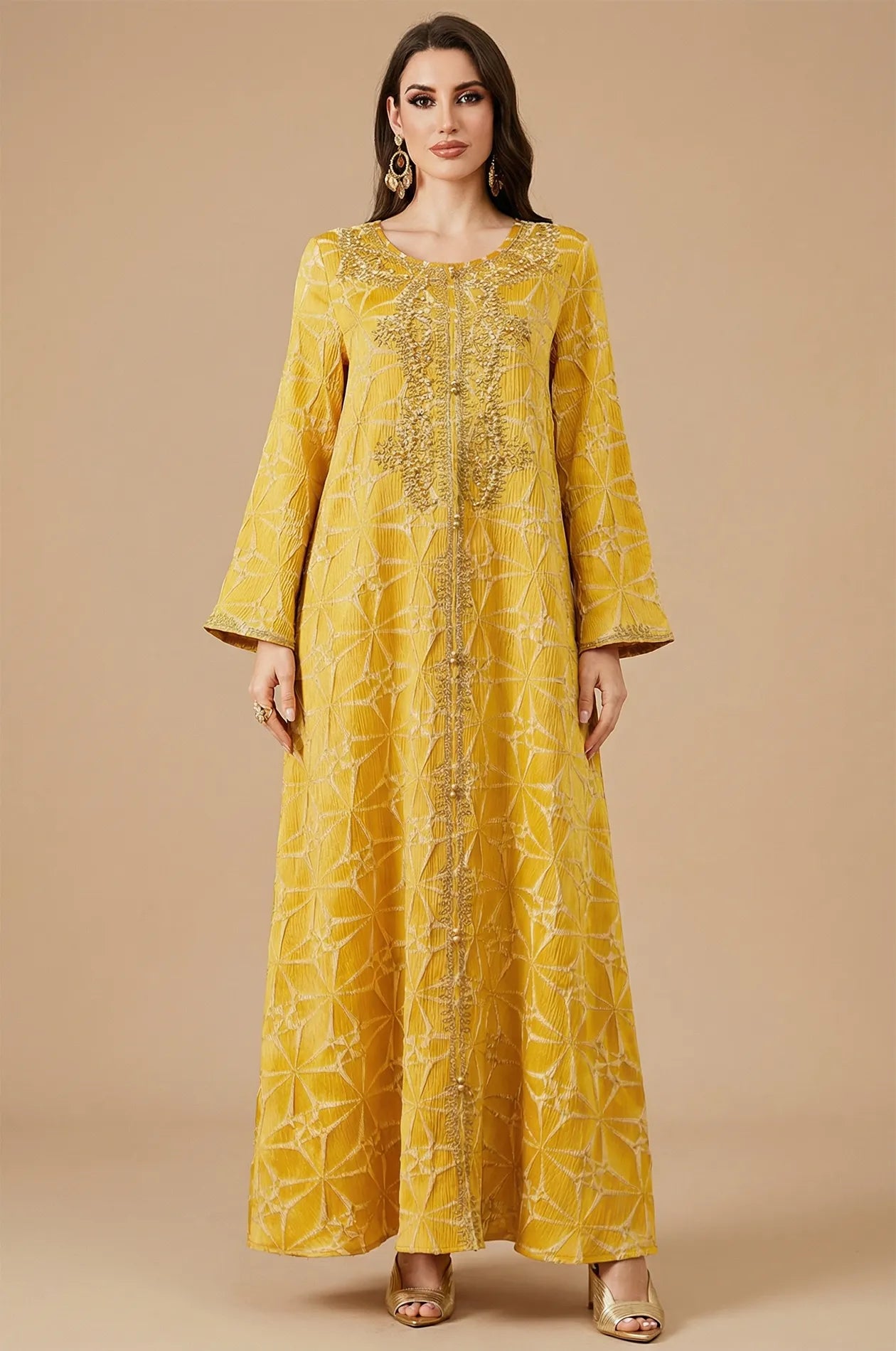 yellow kaftan dress Selas Geometric Embossing Textured in Gala Bone Cream Slip or any occasion that Satin Fabric US Men's Size:M10.5=W12