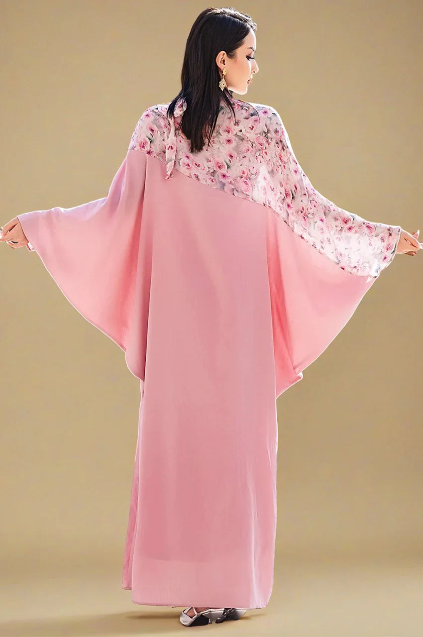 Back view of Selena pink beaded kaftan showing wide flowing cape sleeves