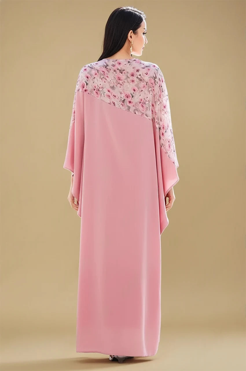 Back studio view of Selena pink beaded kaftan with diagonal floral chiffon design