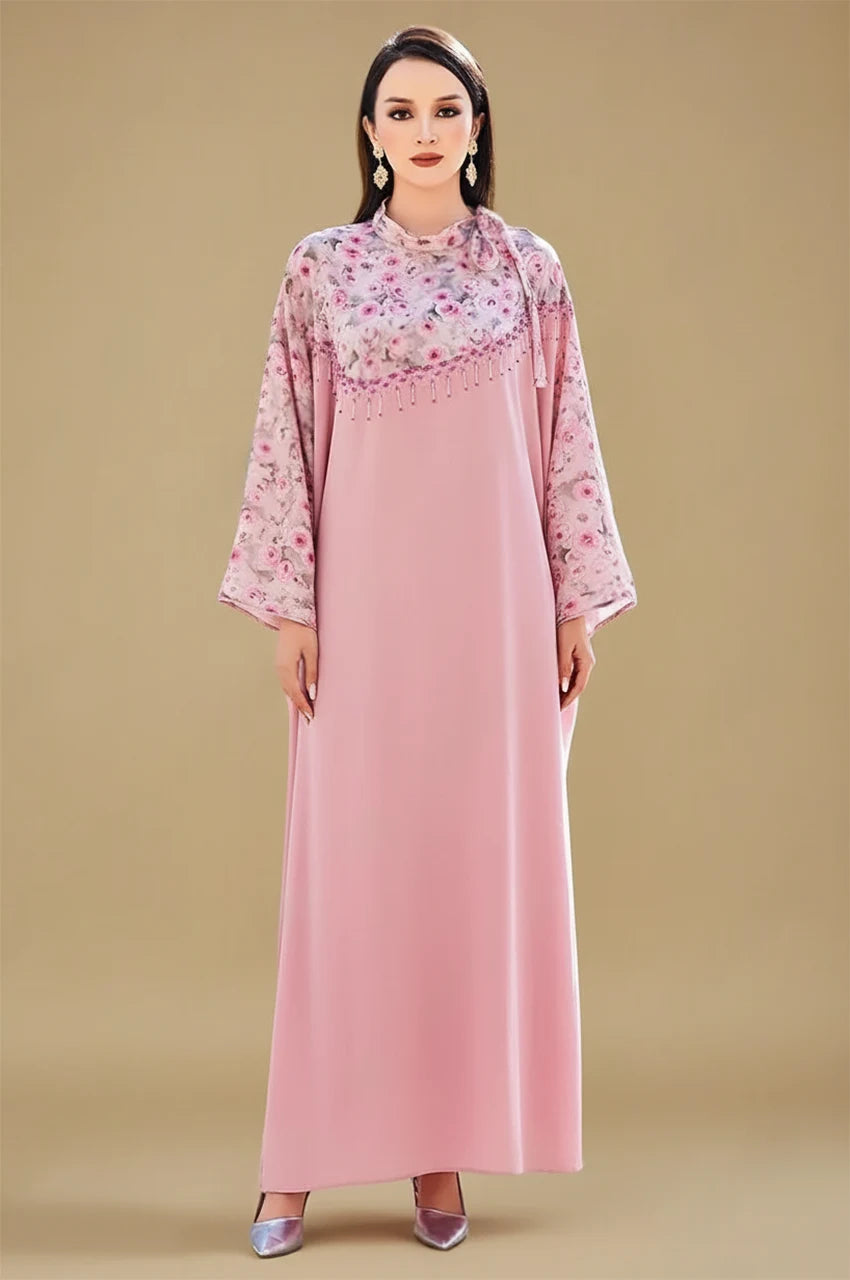 Front studio view of Selena pink beaded kaftan with floral upper overlay