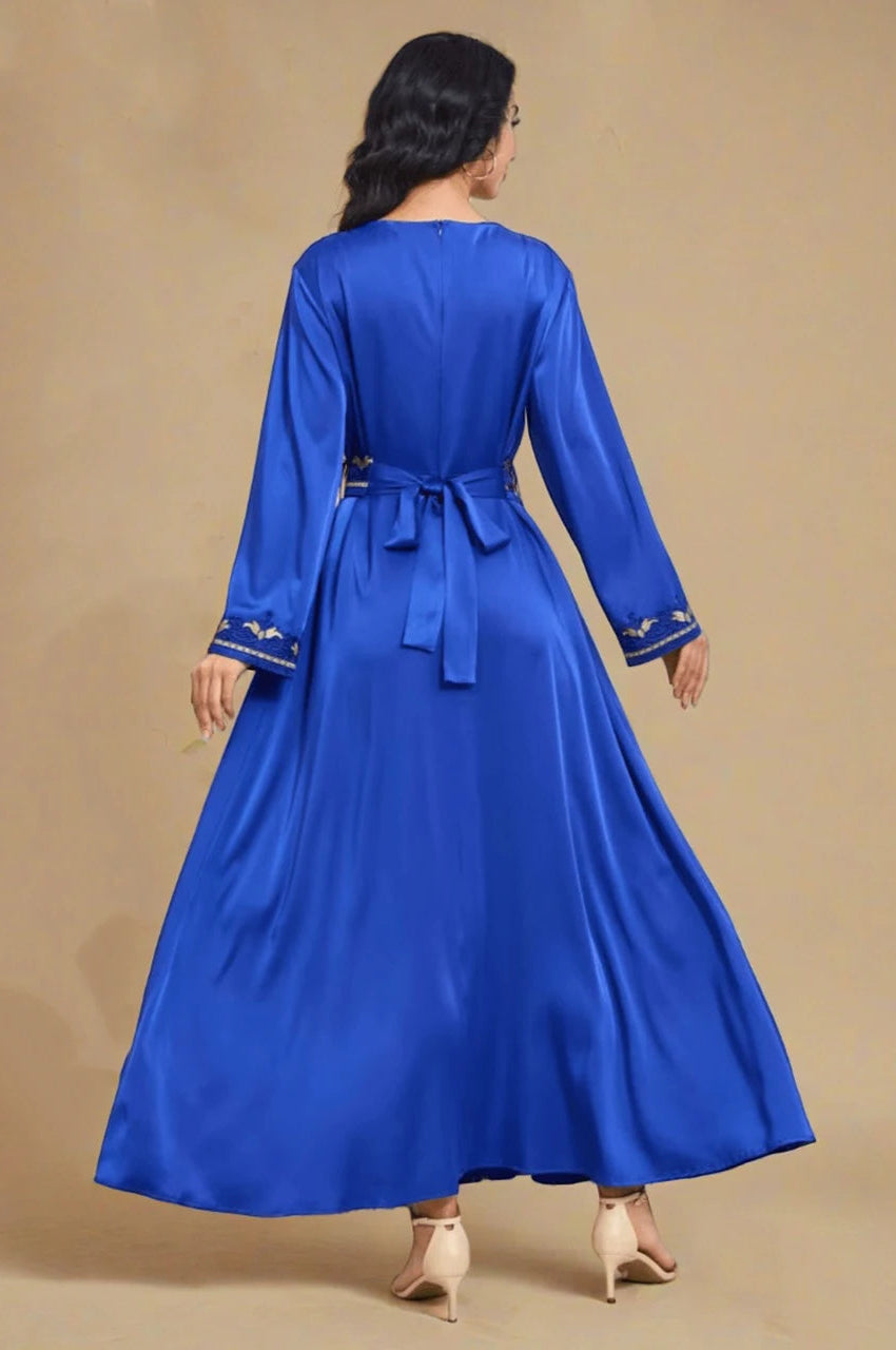 Royal blue kaftan dress Sienna with flowing satin fabric and embroidered cuffs