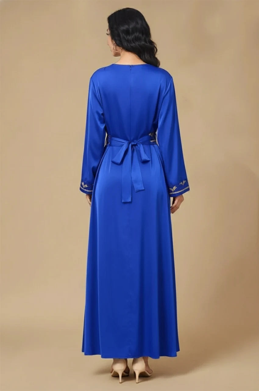 Back view of Sienna royal blue kaftan with waist tie