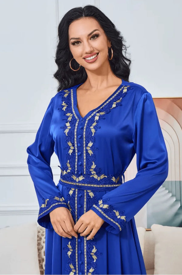 Close-up of gold embroidery on Royal Blue Sienna Kaftan