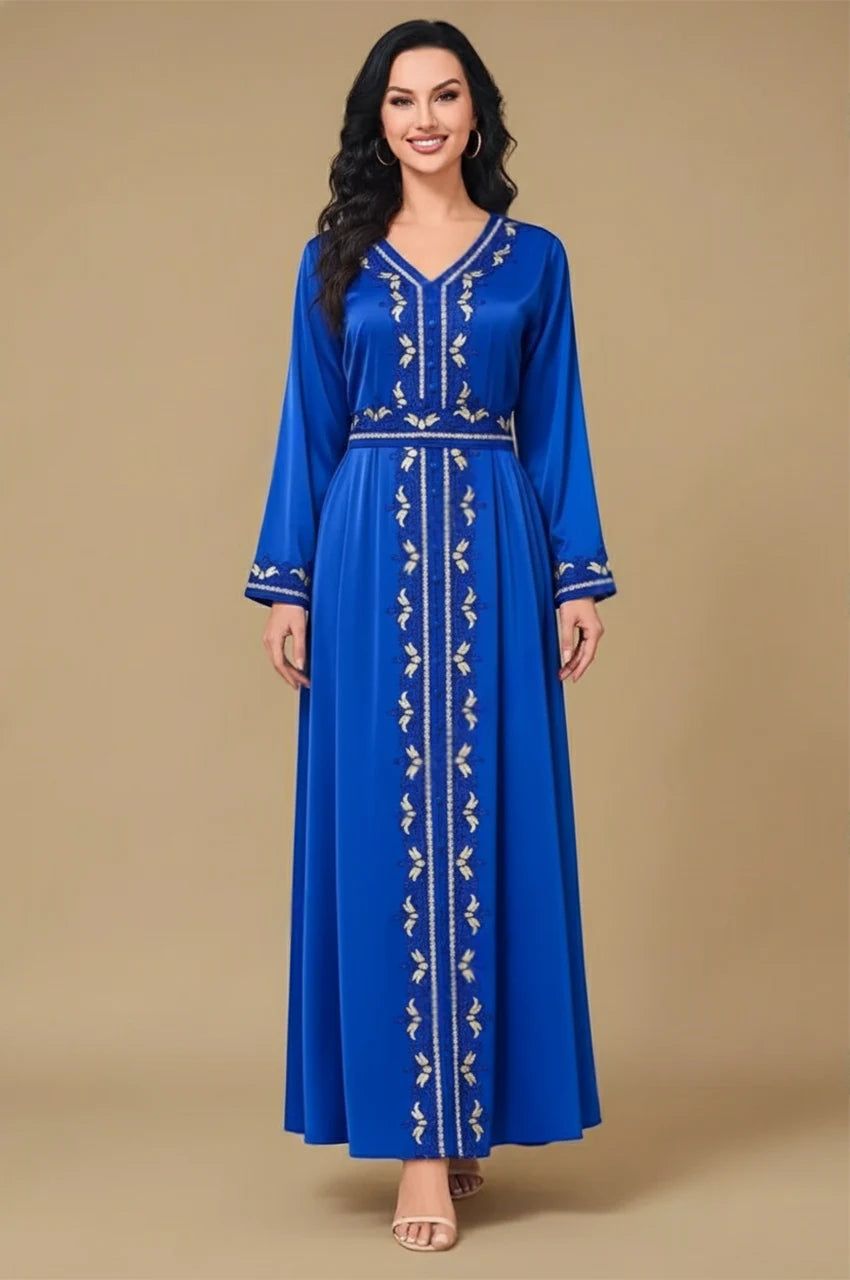 Sienna royal blue kaftan dress with embroidered front and satin finish