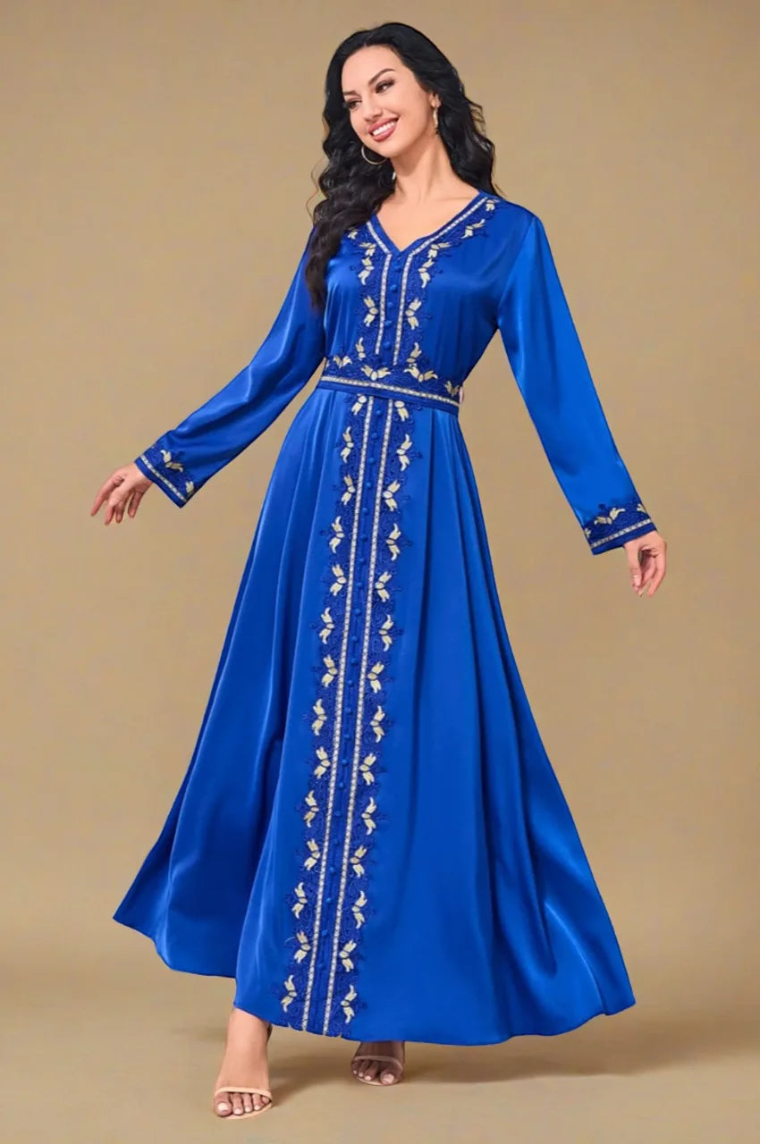 Full length royal blue kaftan Sienna with gold and ivory embroidery