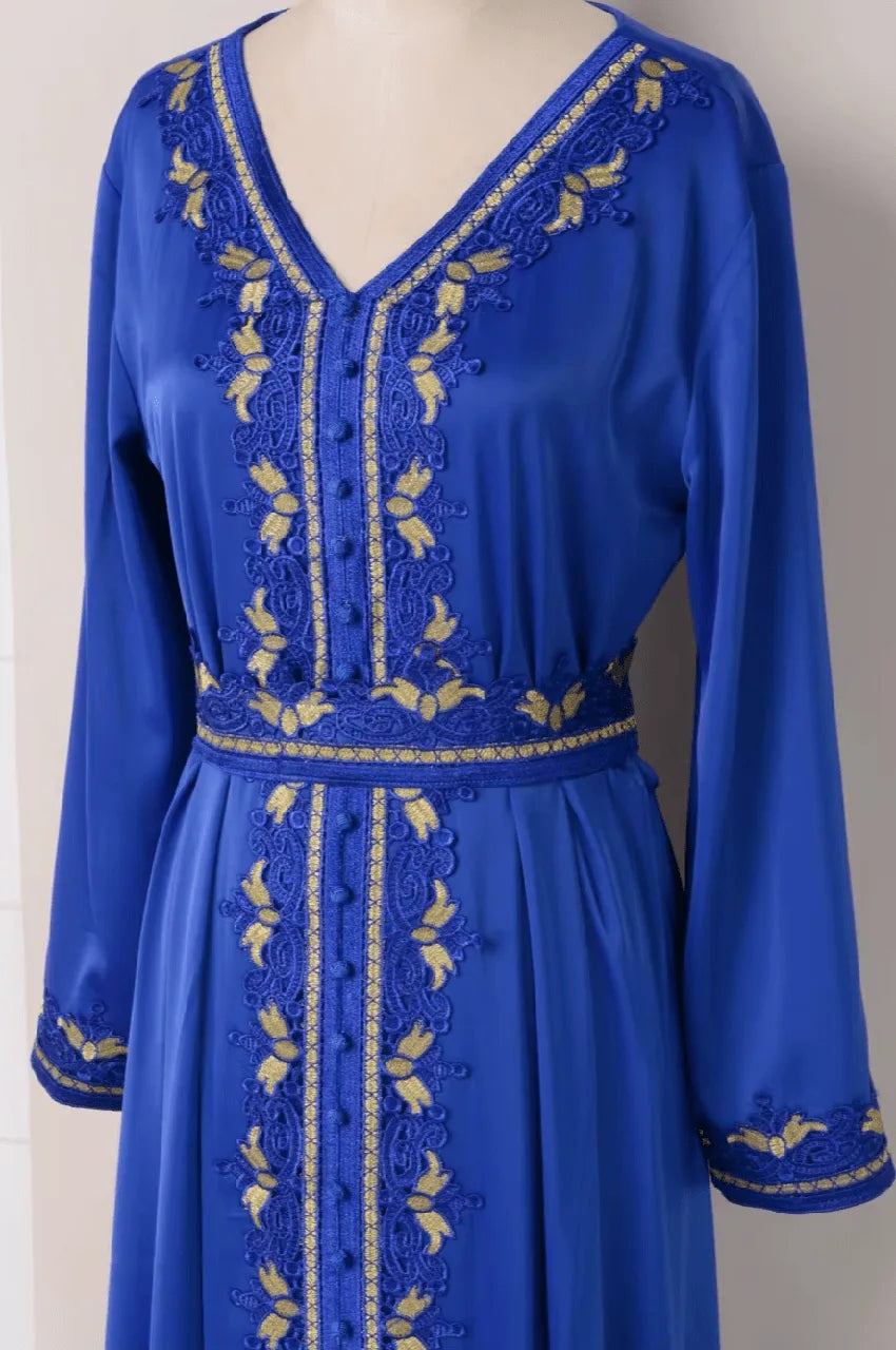 Sienna Royal Blue Kaftan front view with gold embroidery
