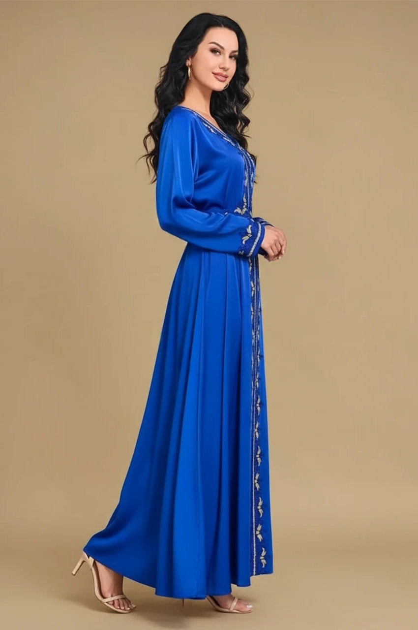 Side view of Sienna royal blue embroidered kaftan dress