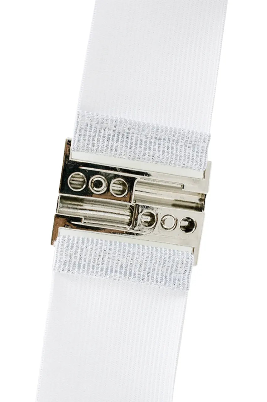 Close-up of the durable chrome metal interlocking clasp mechanism on the back of the silver elastic belt.