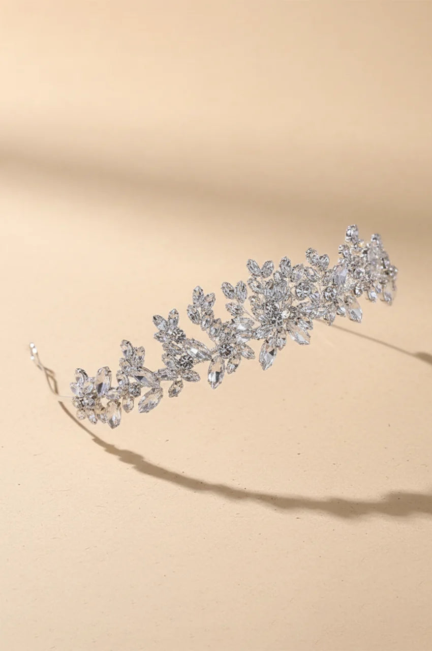 Full view of flexible Silver marquise crystal floral tiara for Moroccan Kaftan.