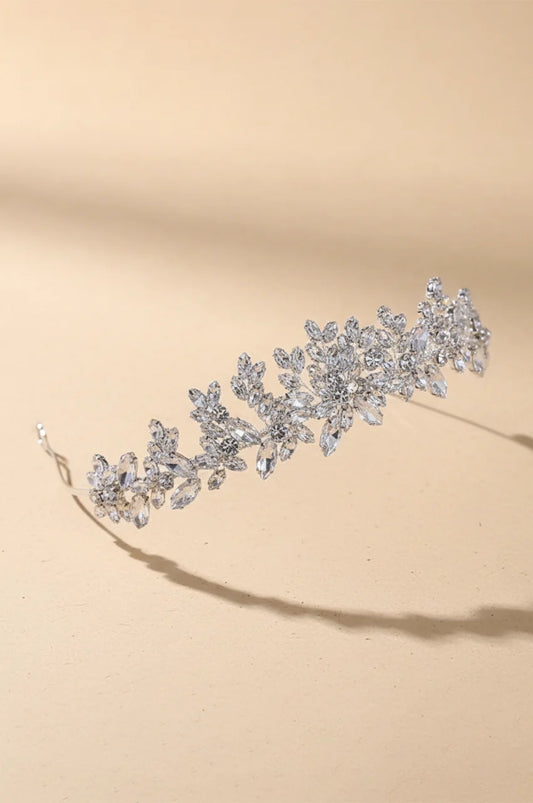 Full view of flexible Silver marquise crystal floral tiara for Moroccan Kaftan.