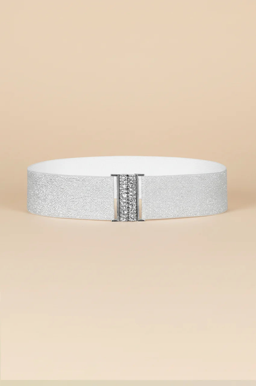 Front view of the Naylara silver metallic cinch belt featuring a sparkling crystal rhinestone buckle.