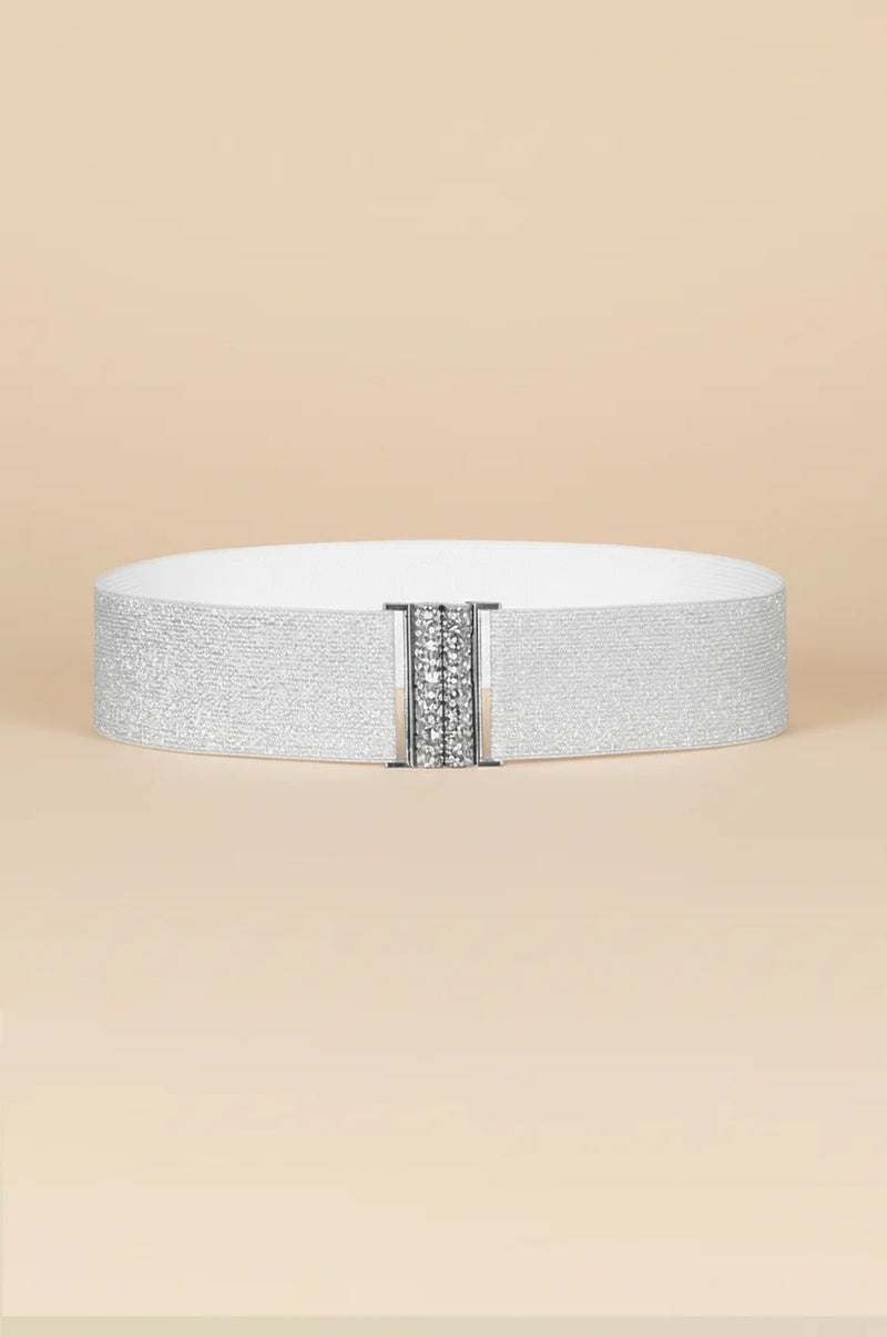 Front view of the Naylara silver metallic cinch belt featuring a sparkling crystal rhinestone buckle.