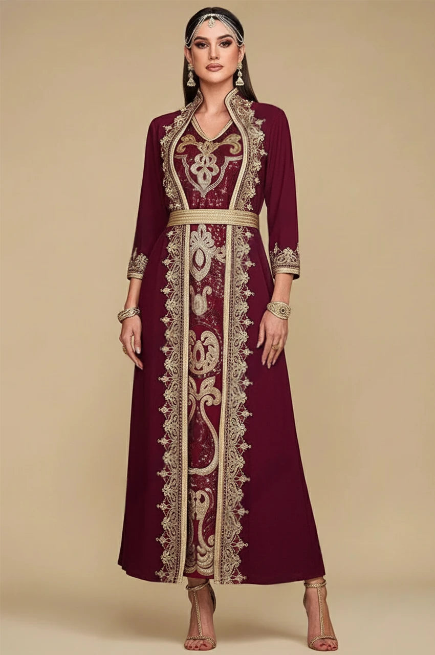 Front view of the SORAI red chiffon kaftan dress with a structured embroidered collar.