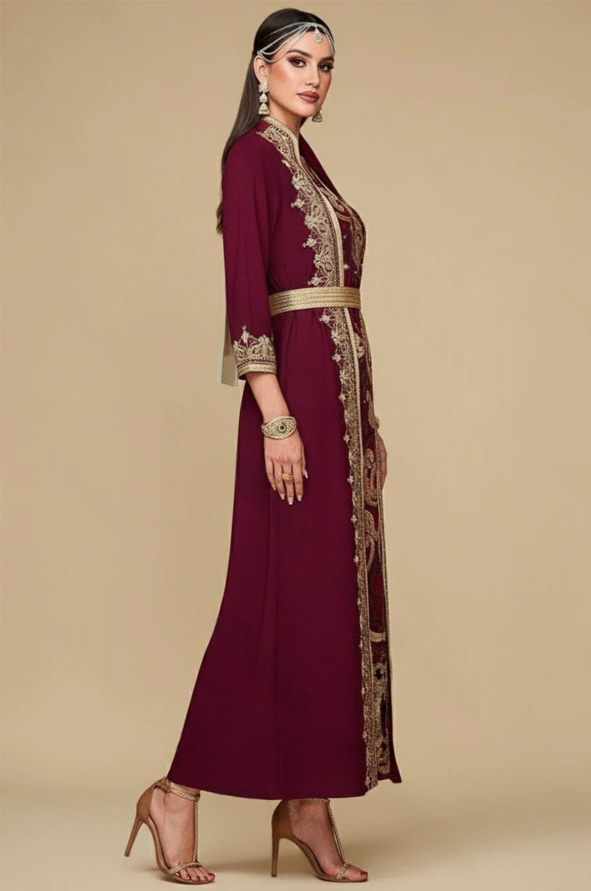 Side profile of the SORAI red chiffon kaftan dress showing the waist-cinching Mdamma belt.