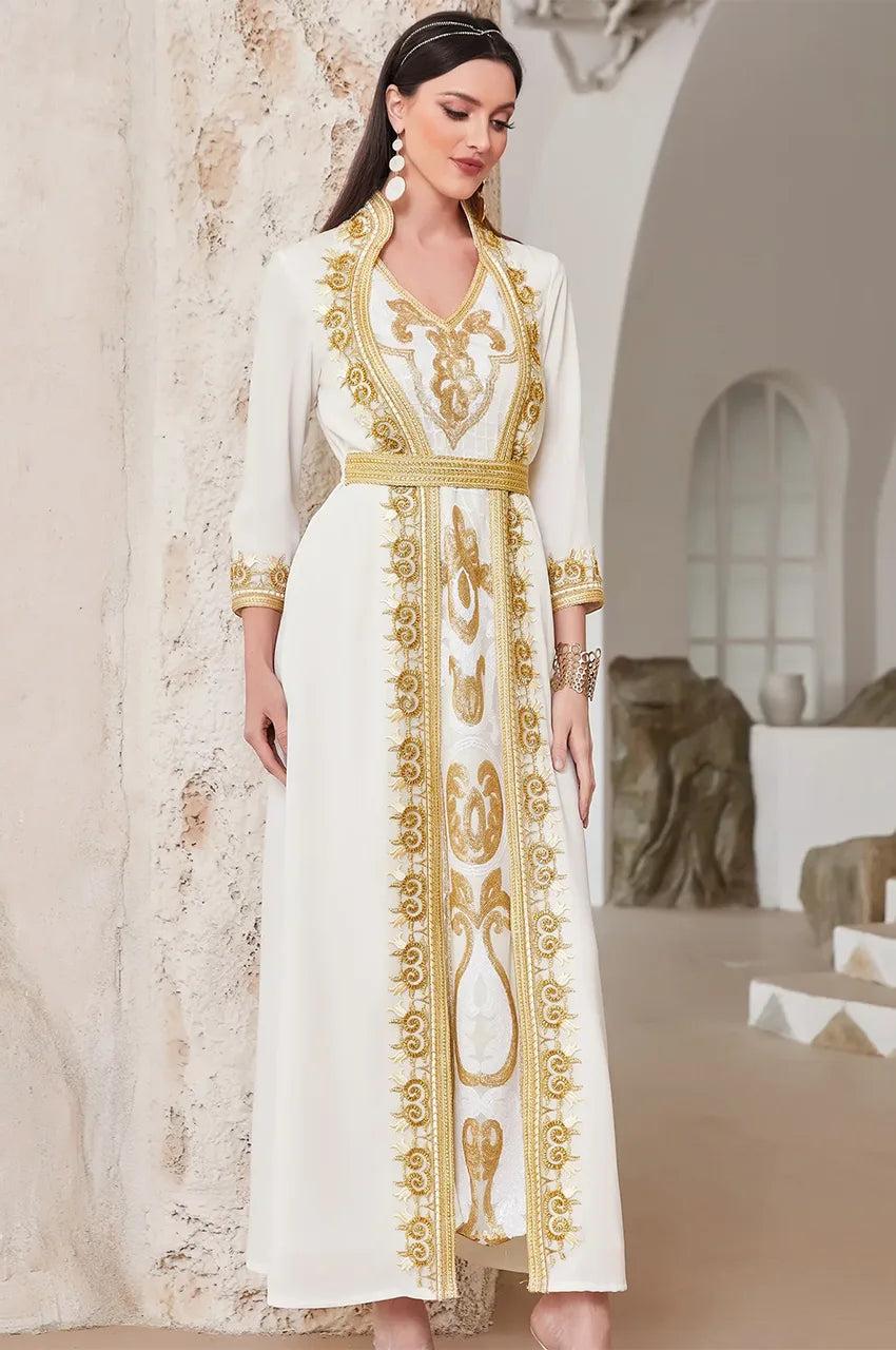Side angle view of the white and gold chiffon kaftan showing the layered Dfina.