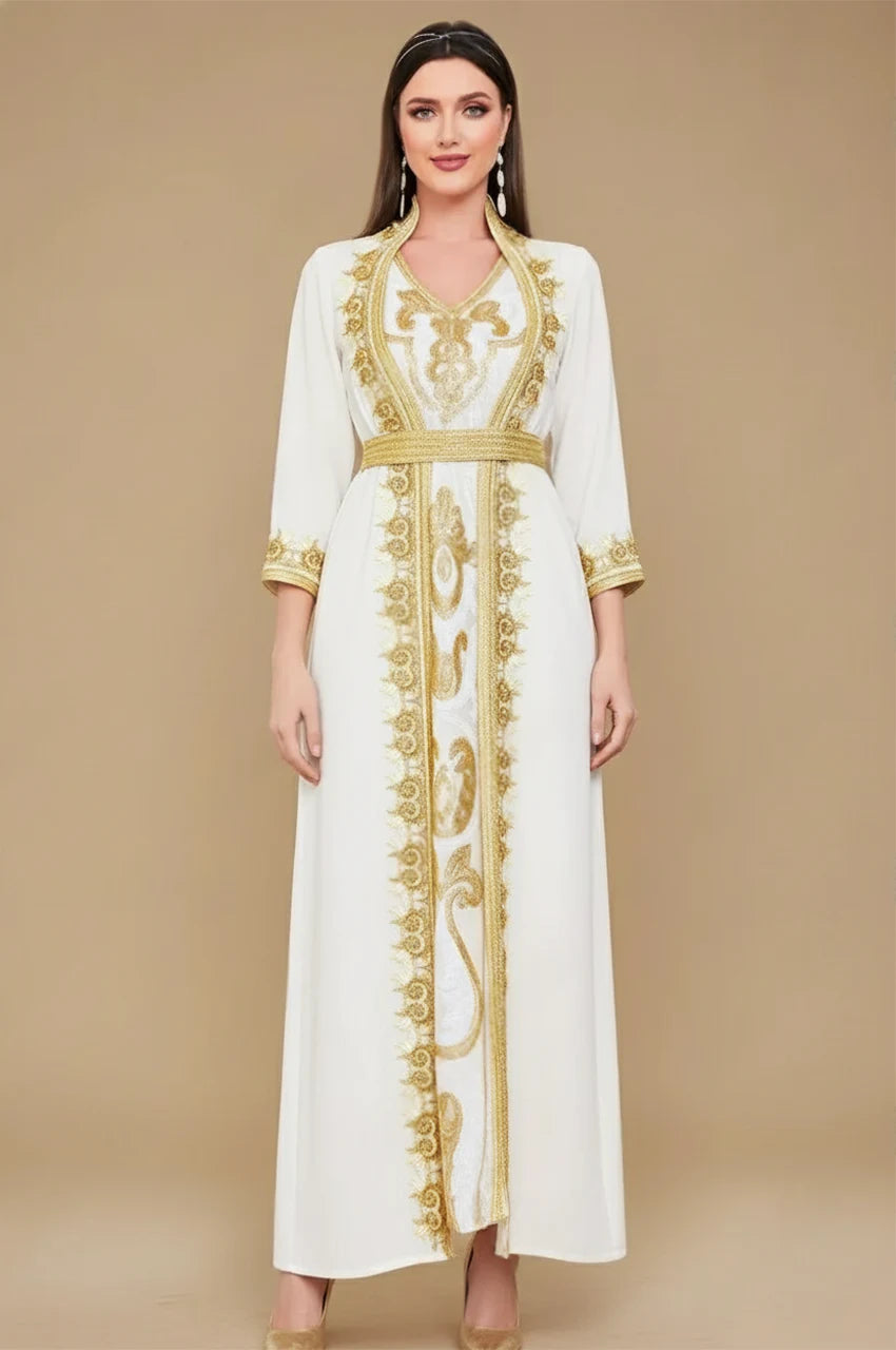Full-length standing view of the SORAI 2-piece white chiffon kaftan dress.