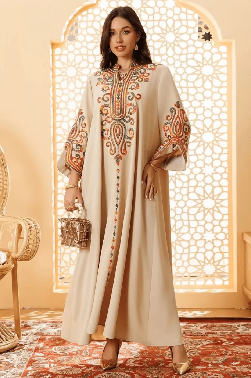 Multicolor Embroidery Modern Moroccan Kaftan in Beige