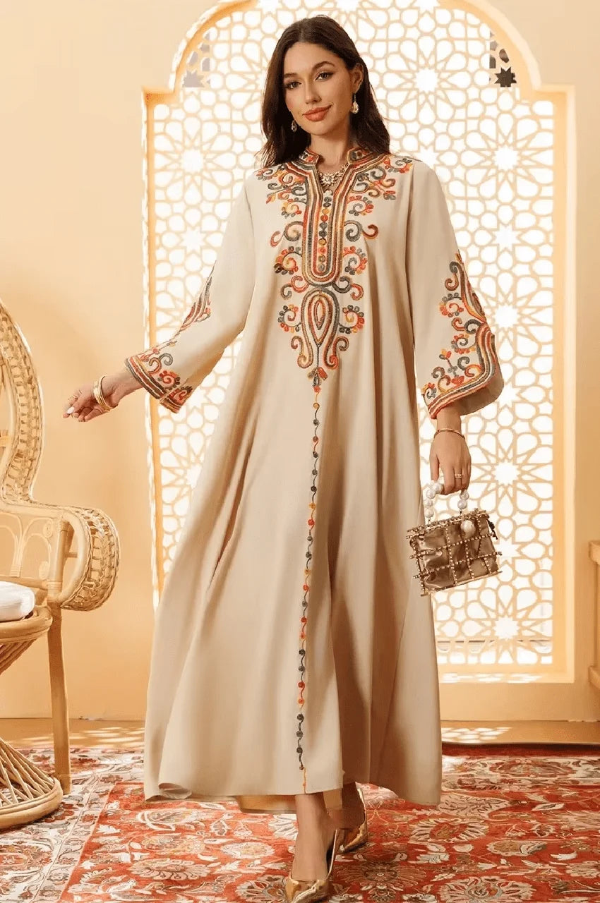 Multicolor Embroidery Modern Moroccan Kaftan in Beige