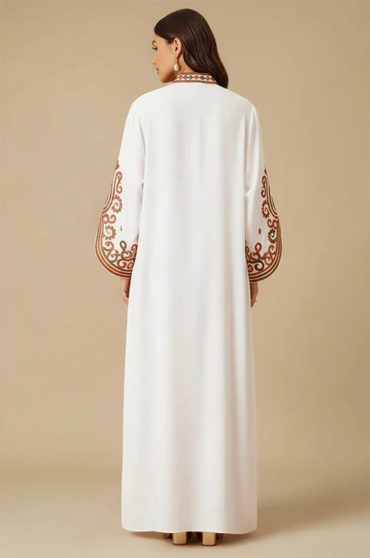 Soraya modern Moroccan kaftan in white – back design and sleeve embroidery
