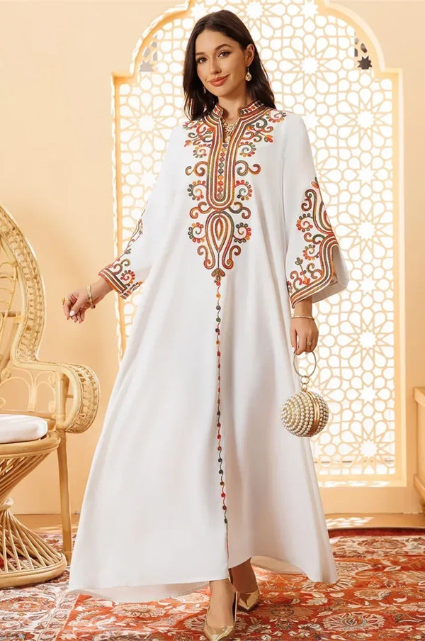 Moroccan Kaftan Dress - Wedding Guest & Formal & Party - Modern Multicolor Arabesque Embroidery - Premium Lightweight Fabric - US 10