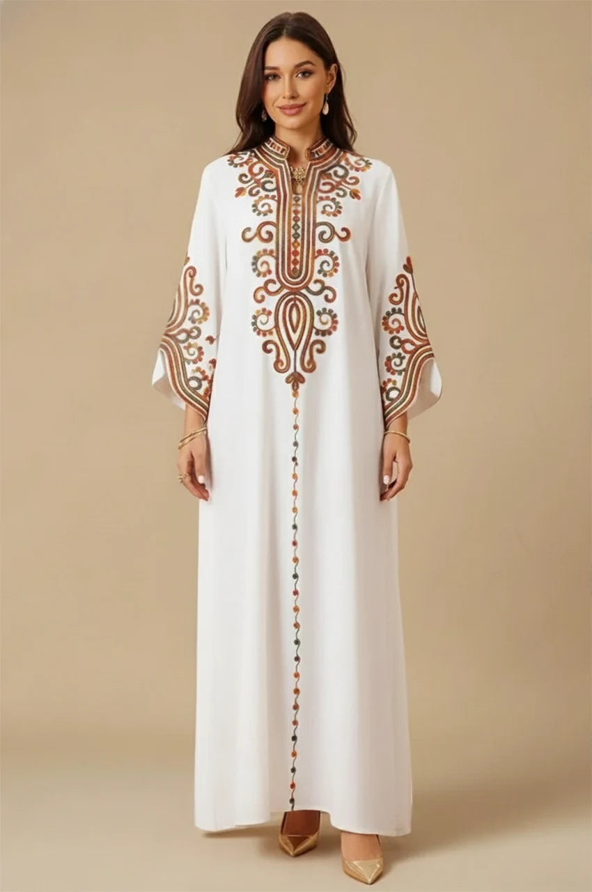 Moroccan Kaftan Dress - Wedding Guest & Formal & Party - Modern Multicolor Arabesque Embroidery - Premium Lightweight Fabric - US 4