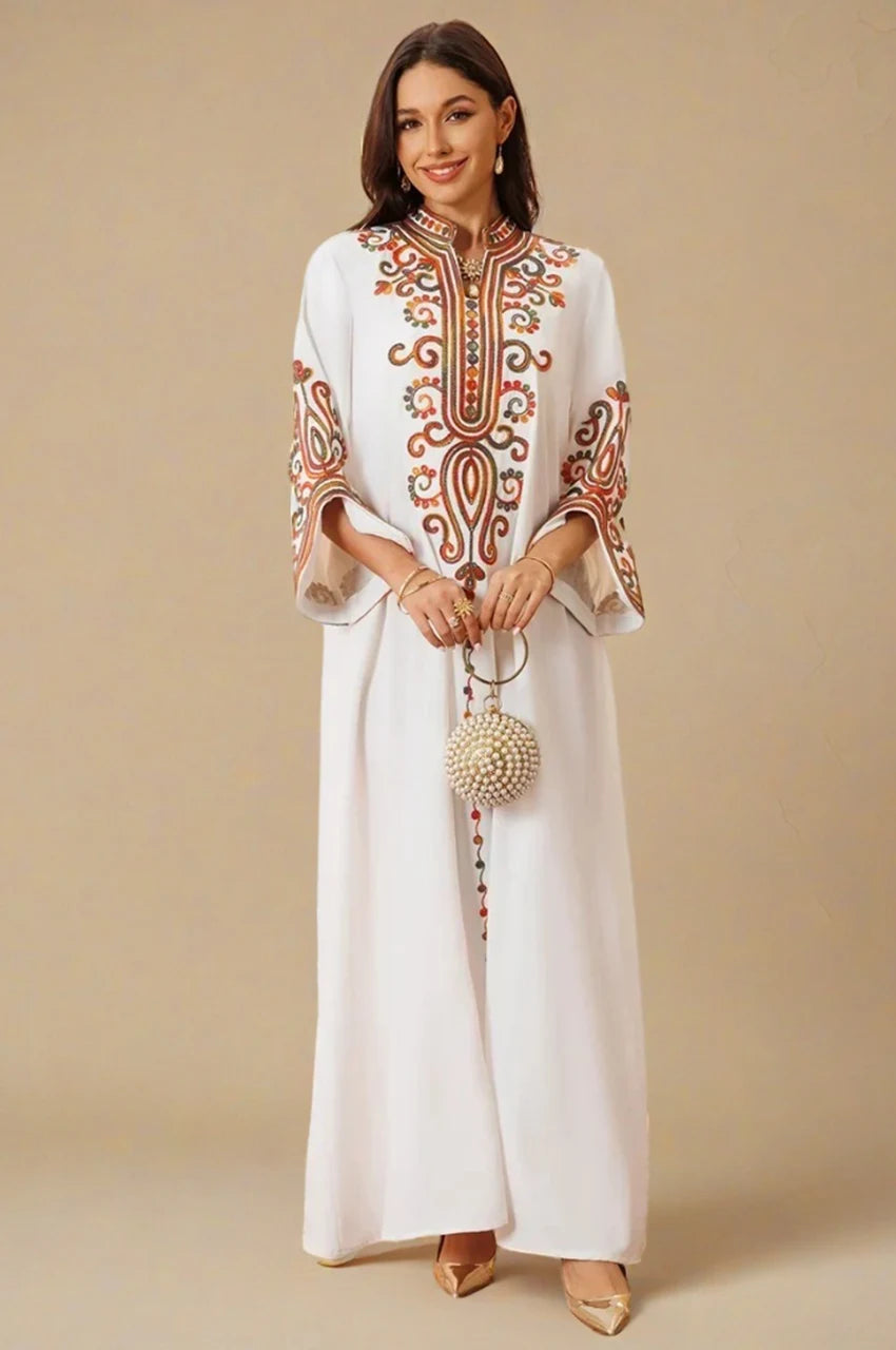 Soraya white modern Moroccan kaftan styled with accessories – embroidered front design