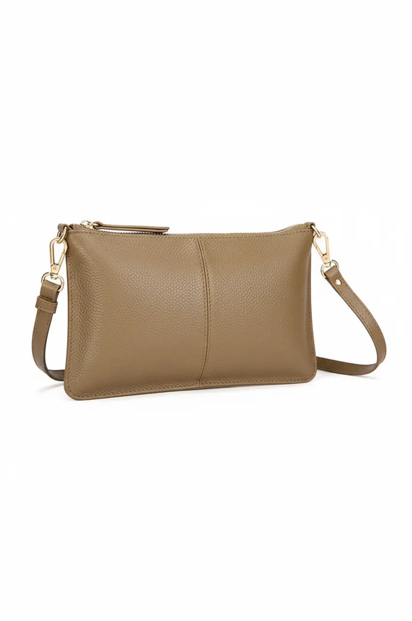 Angled shot of the taupe/khaki leather shoulder bag highlighting its structured shape and adjustable strap.