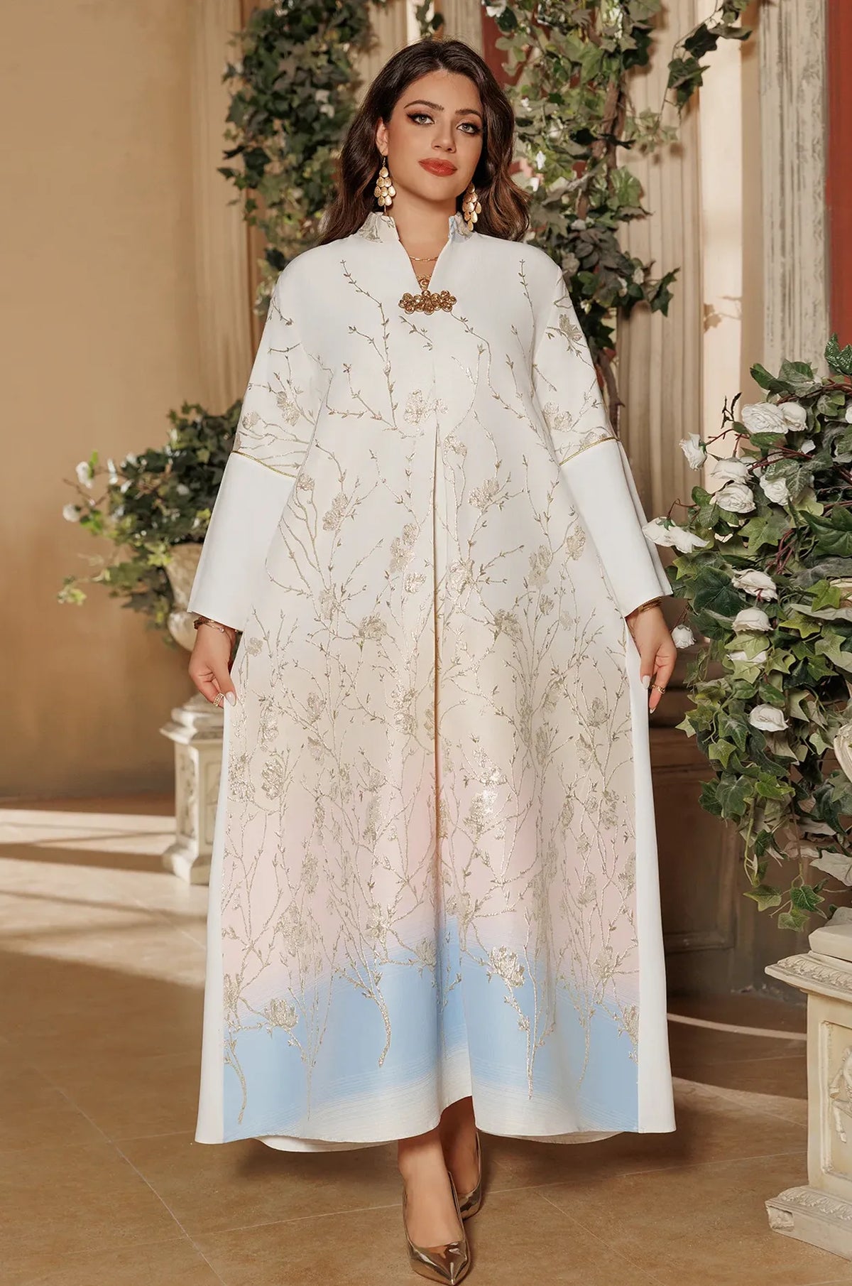 Full front view of the elegant Tayla Botanical Kaftan in Light Blue by Naylara, showcasing the complete silver vine design and pastel gradient.