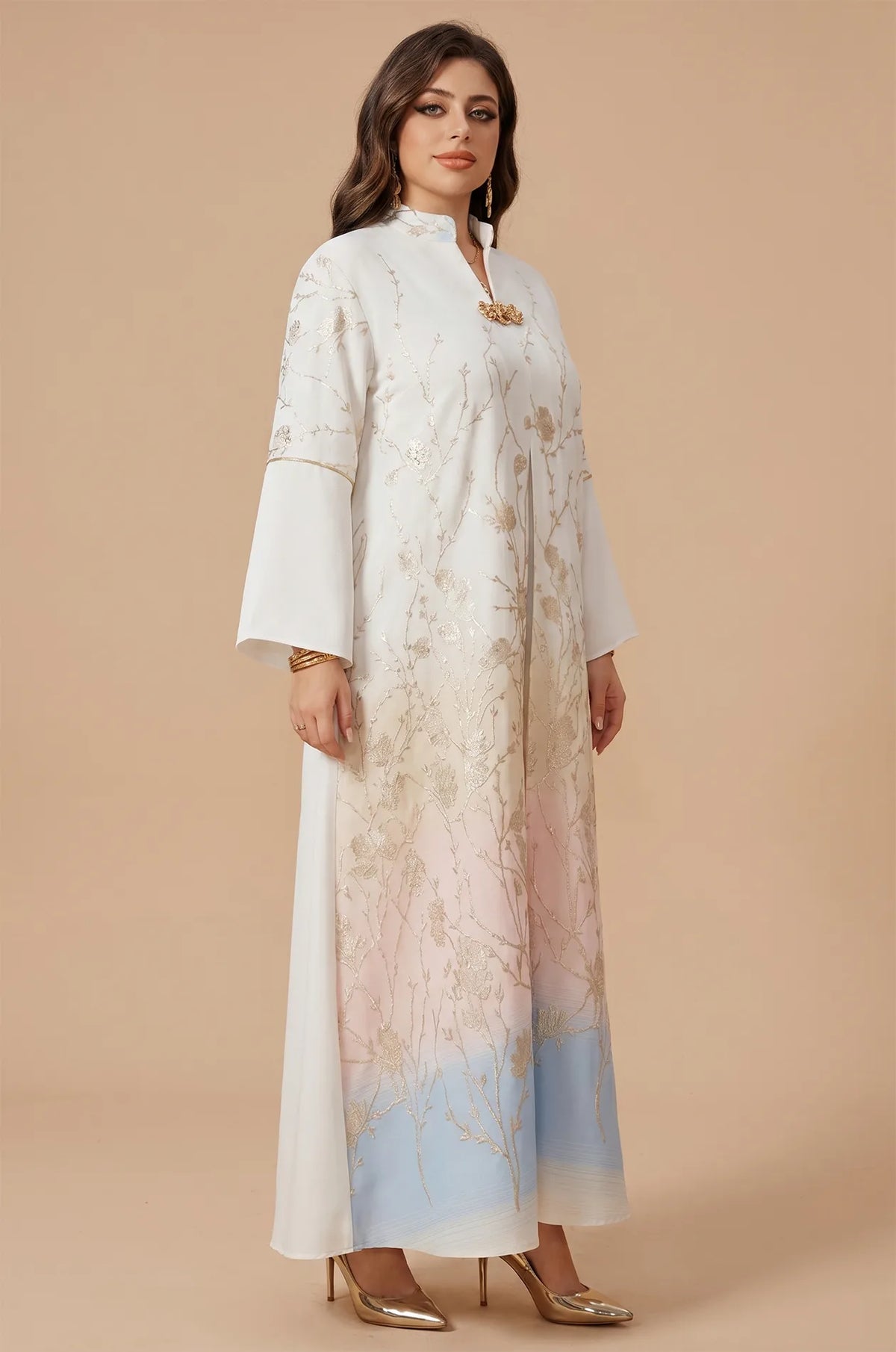 Side profile of the Light Blue Tayla Botanical Kaftan showcasing the elegant drape and floor-length silhouette for modest fashion.