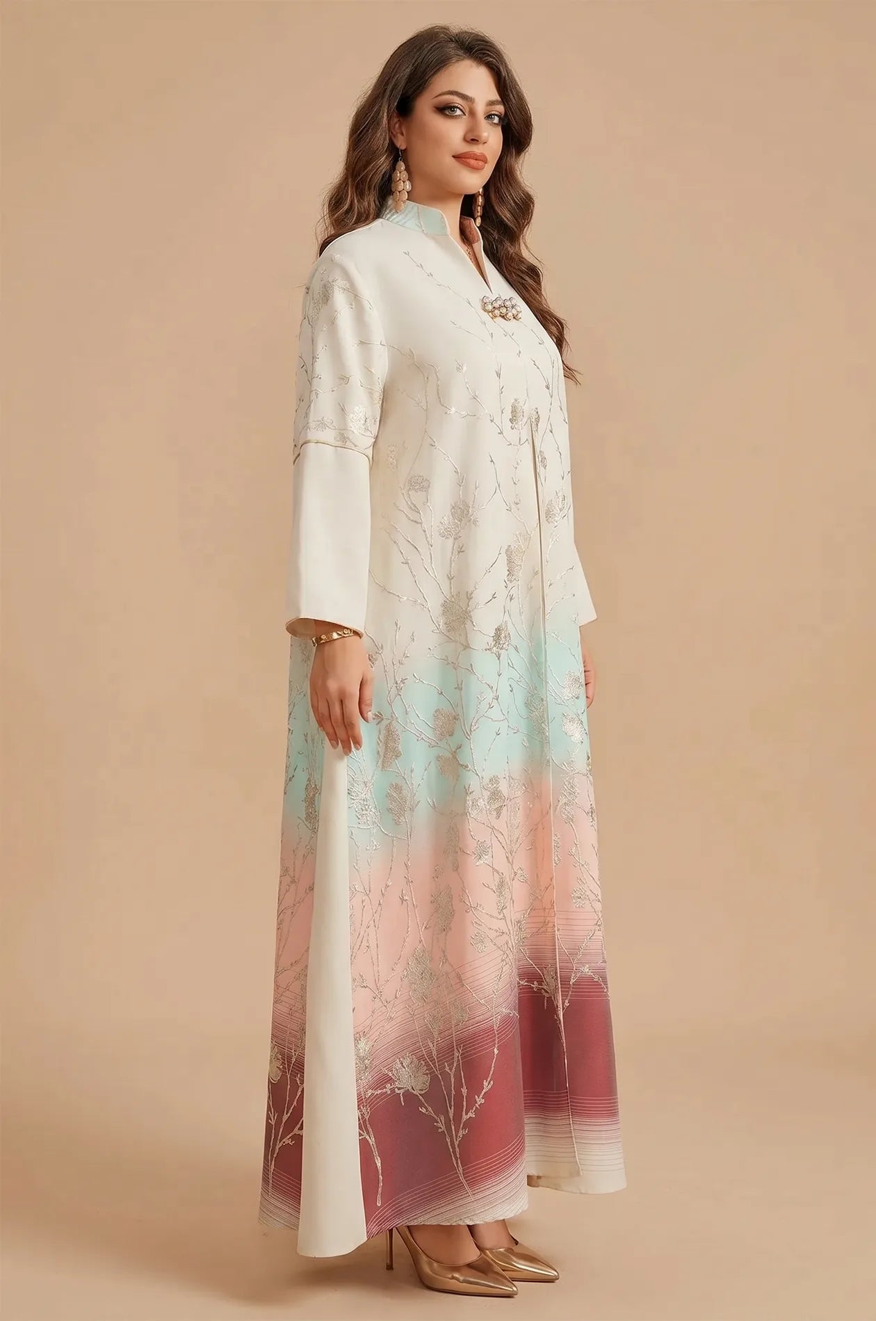 Side profile shot of the Red Tayla Botanical Kaftan by Naylara showcasing the elegant drape and wide flared sleeves.