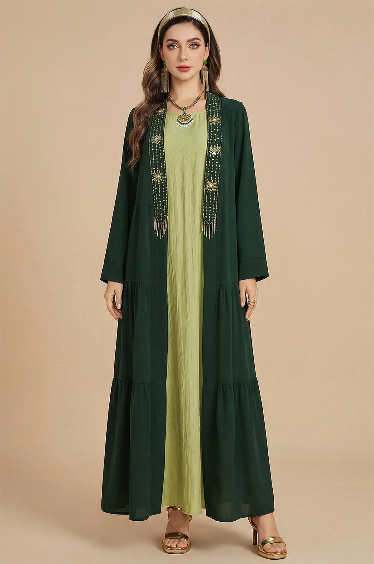 Full front view of the Thais dark green kaftan dress by Naylara.