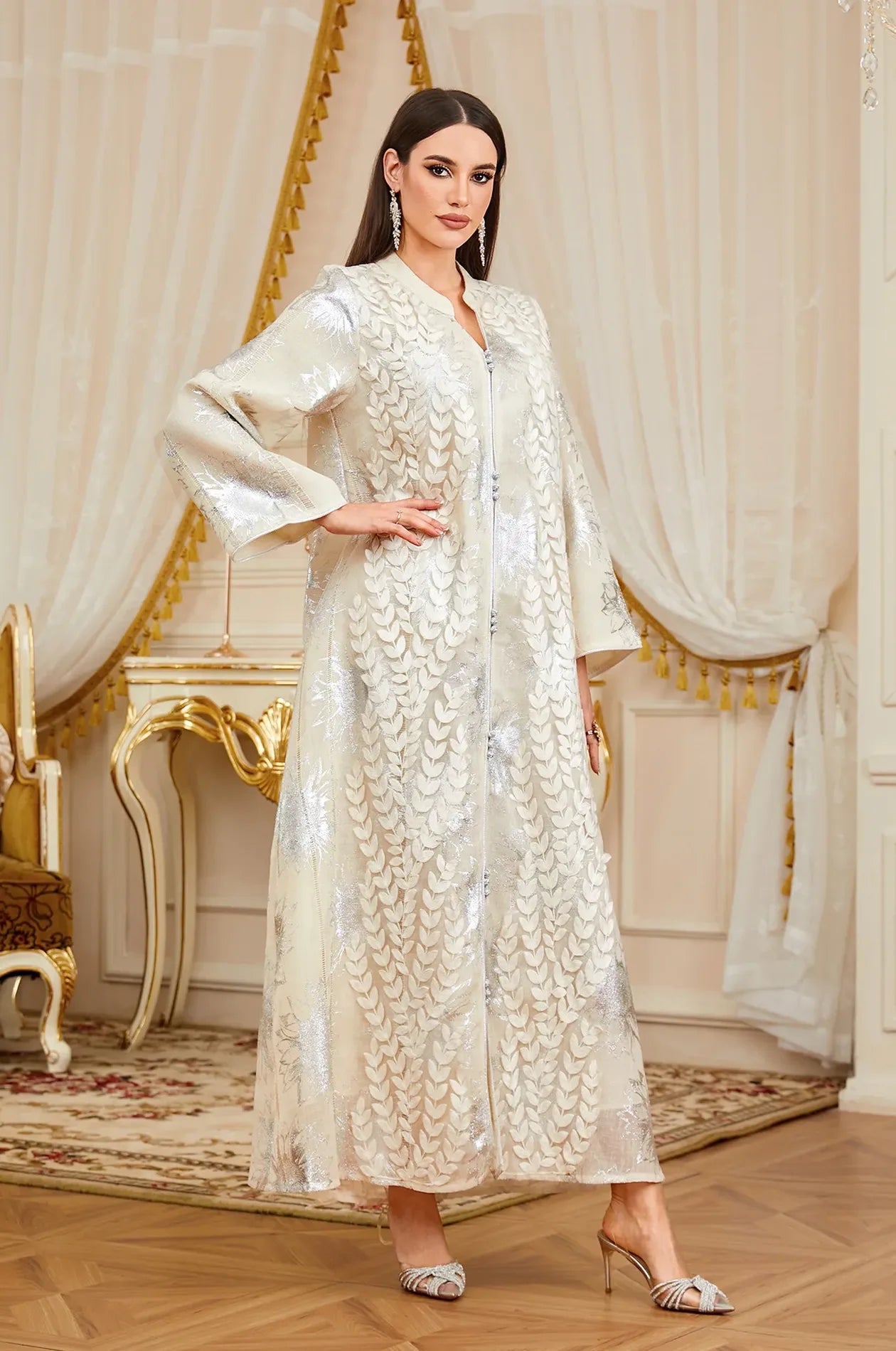 Veris Silver Leaf Embroidered Moroccan Kaftan in White