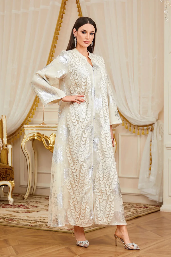 Veris Silver Leaf Embroidered Moroccan Kaftan in White | Naylara