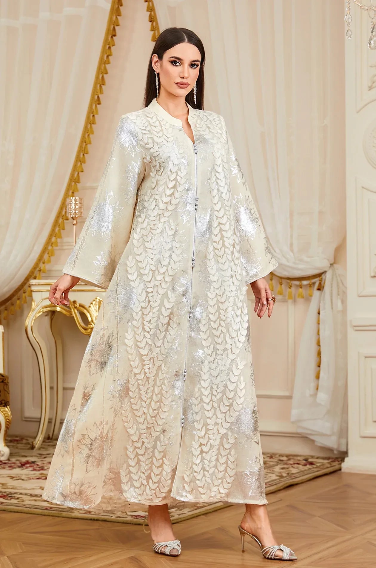Veris Silver Leaf Embroidered Moroccan Kaftan in White