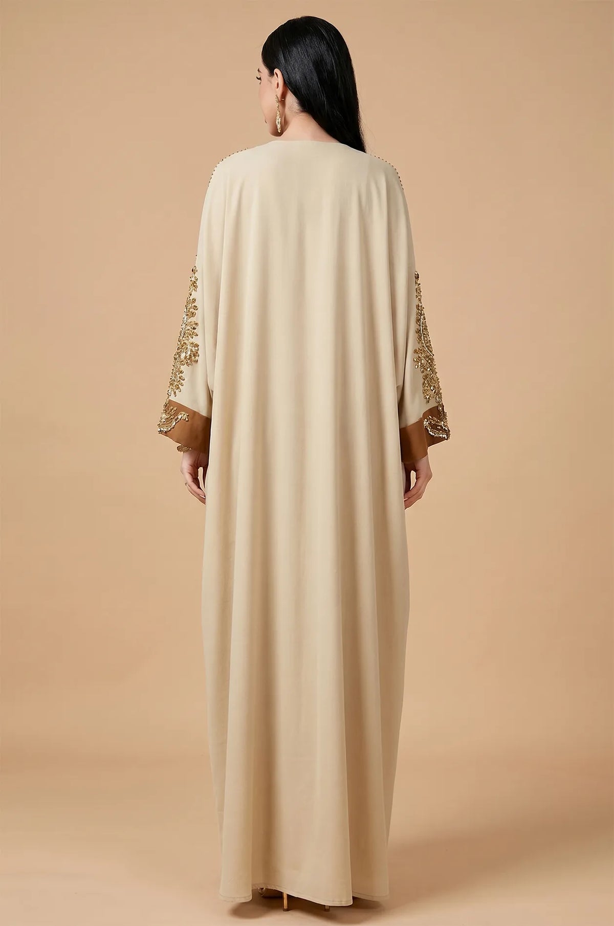 Rear view of the Vetta Khaki kaftan showing the flowing maxi length and drape.